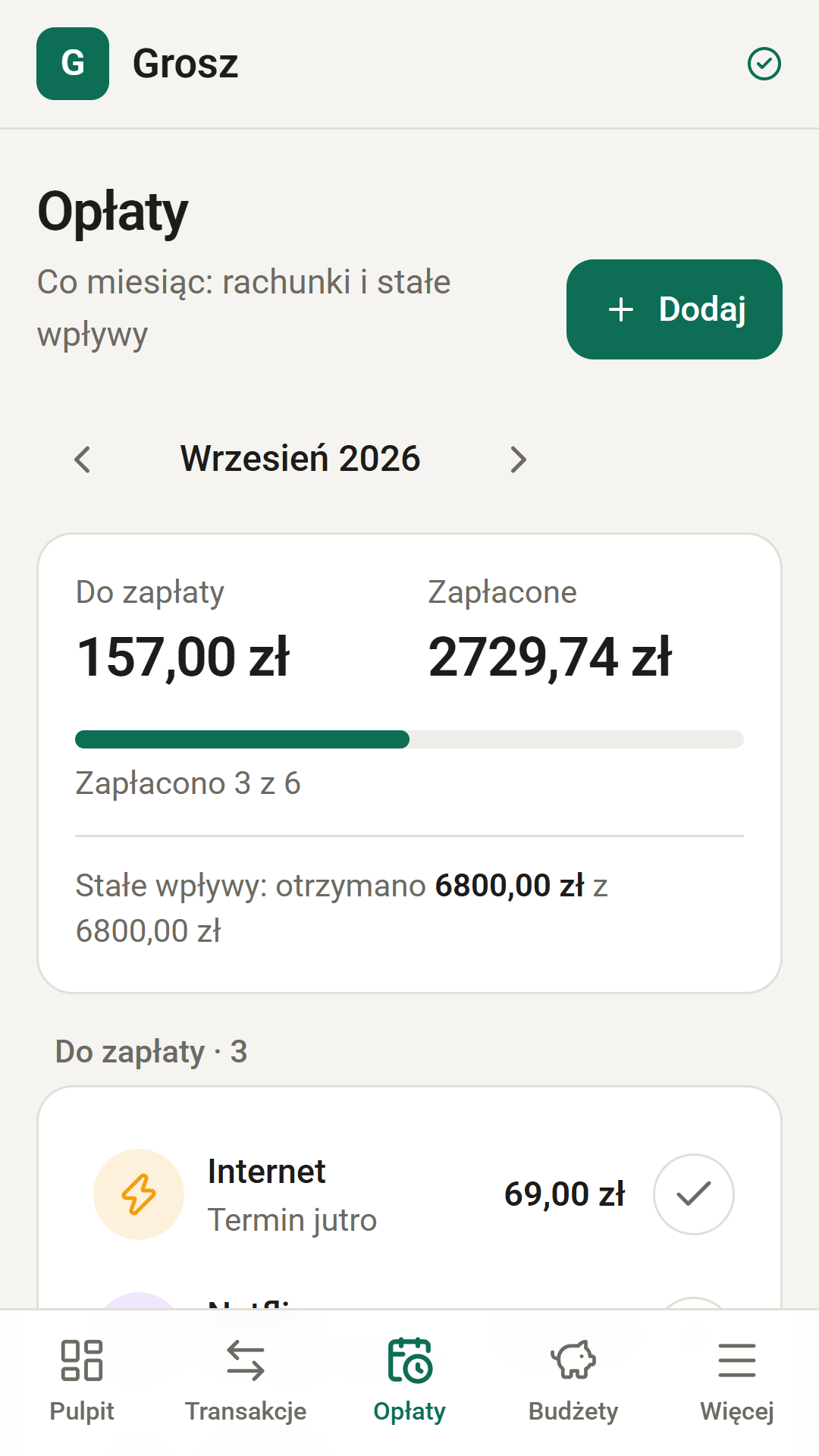 Opłaty stałe podzielone na do zapłaty i zapłacone
