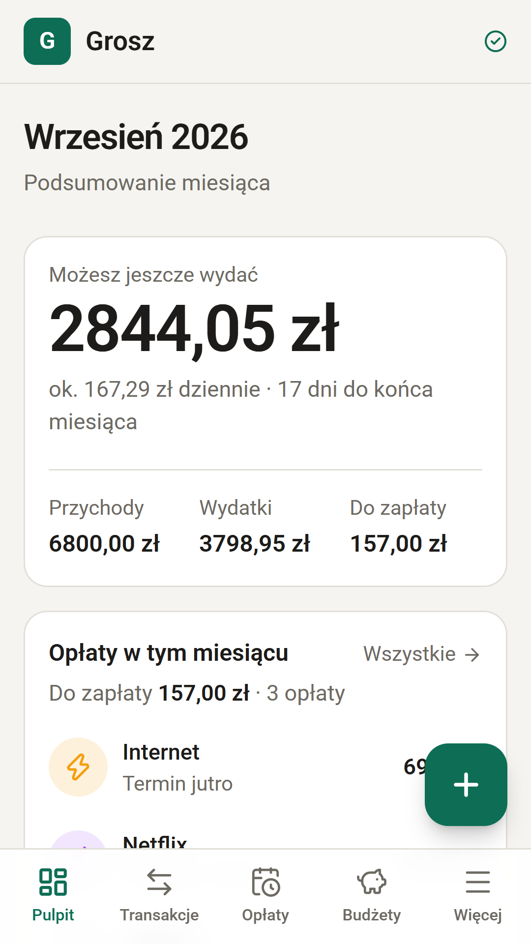 Pulpit z kwotą, którą można jeszcze wydać, i stawką dzienną