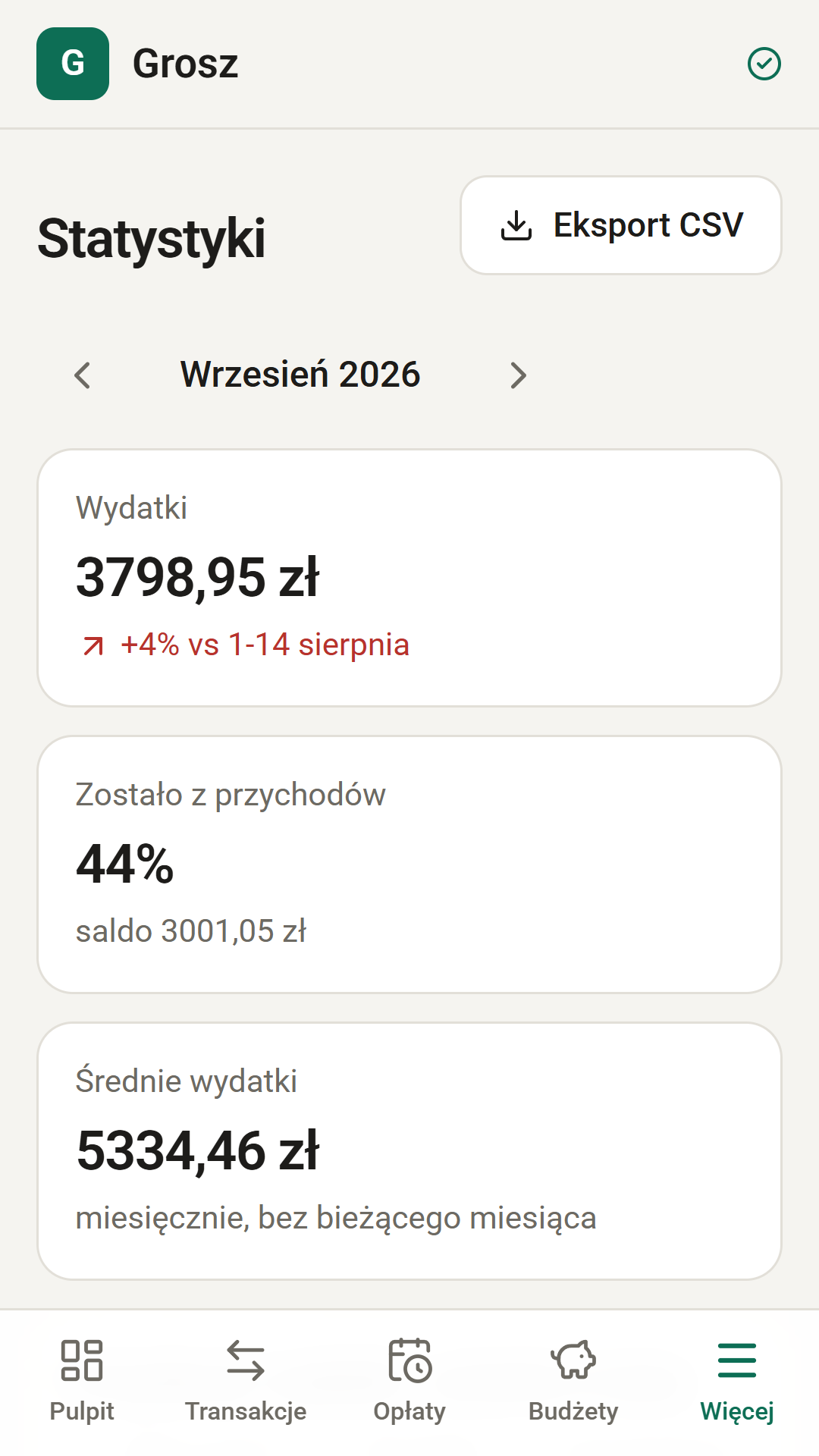 Statystyki: wydatki miesiąca, trend i porównanie kategorii